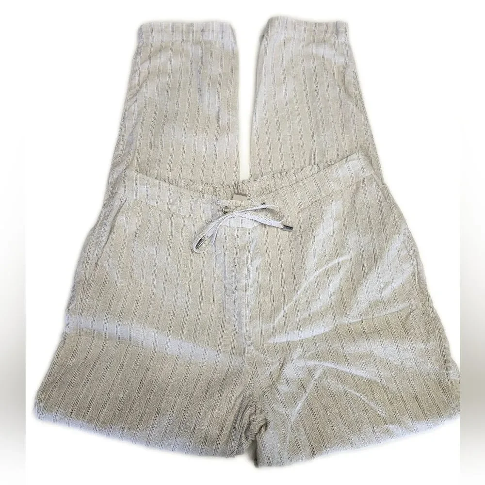Chico's natural color striped wide leg pants, 100% linen, drawstring waist,  10T